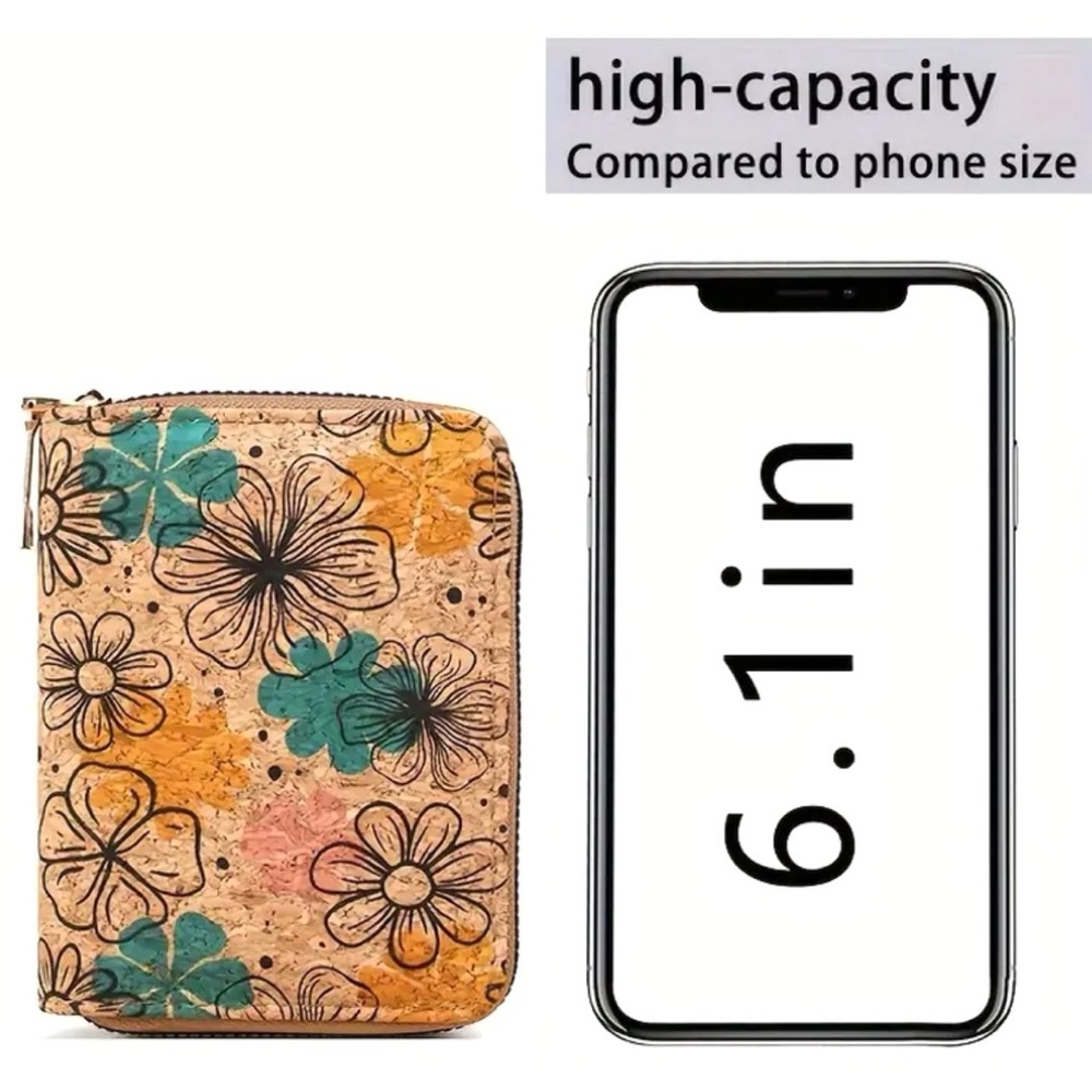 Boho Cork Mini Wallet Floral Coin Purse Zipper Credit Card Holder Vegan Travel - Picture 7 of 8